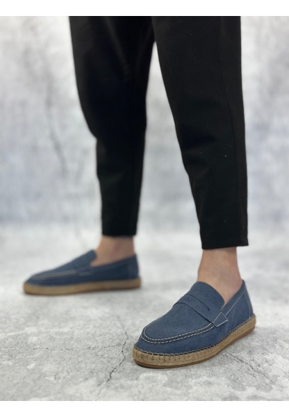 LVO0359 LVO Doğal Deri Tozu Bağcıksız Kauçuk El Yapımı Espadril Taban Mavi Renk Erkek Ayakkabı