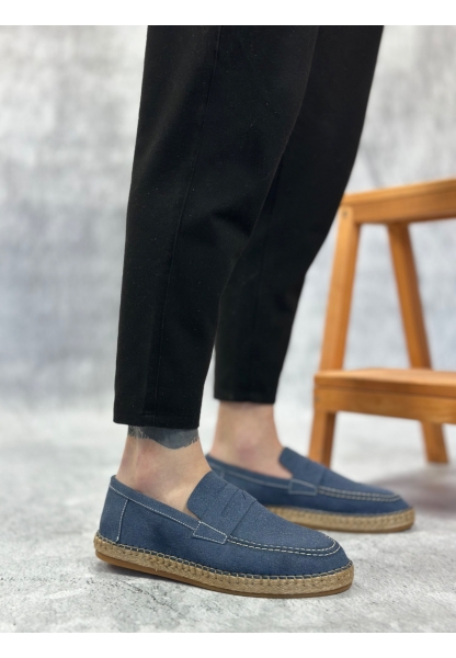 LVO0359 LVO Doğal Deri Tozu Bağcıksız Kauçuk El Yapımı Espadril Taban Mavi Renk Erkek Ayakkabı