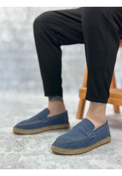 LVO0359 LVO Doğal Deri Tozu Bağcıksız Kauçuk El Yapımı Espadril Taban Mavi Renk Erkek Ayakkabı