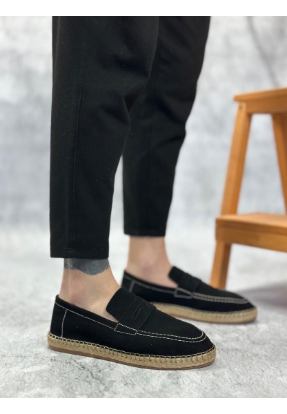 LVO0359 LVO Doğal Deri Tozu Bağcıksız Kauçuk El Yapımı Espadril Taban Siyah Renk Erkek Ayakkabı
