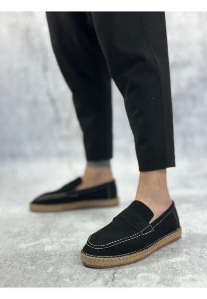 LVO0359 LVO Doğal Deri Tozu Bağcıksız Kauçuk El Yapımı Espadril Taban Siyah Renk Erkek Ayakkabı