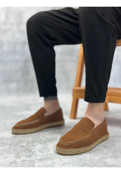 LVO0359 LVO Doğal Deri Tozu Bağcıksız Kauçuk El Yapımı Espadril Taban Taba Renk Erkek Ayakkabı