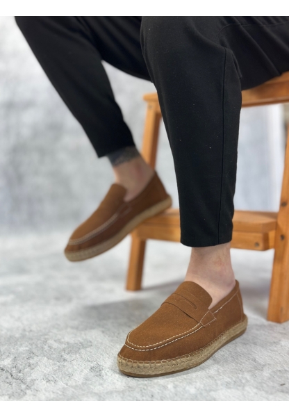 LVO0359 LVO Doğal Deri Tozu Bağcıksız Kauçuk El Yapımı Espadril Taban Taba Renk Erkek Ayakkabı
