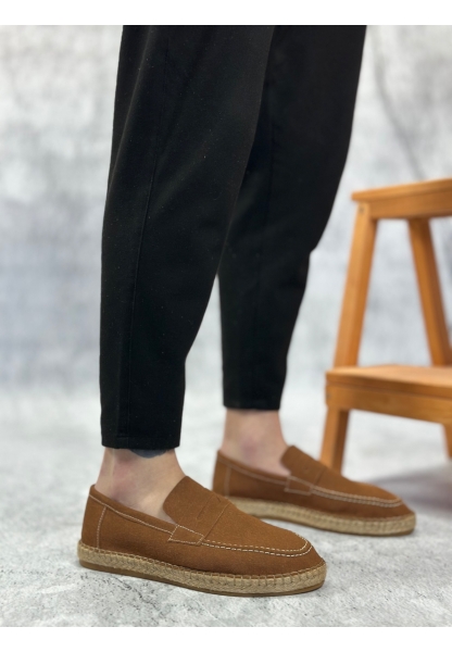 LVO0359 LVO Doğal Deri Tozu Bağcıksız Kauçuk El Yapımı Espadril Taban Taba Renk Erkek Ayakkabı