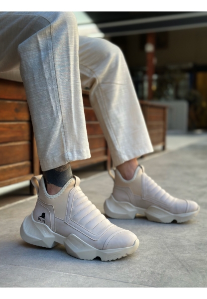 LVO0401 Bağcıksız Rahat Yüksek Taban Krem Erkek Spor Yarım Bilek Bot