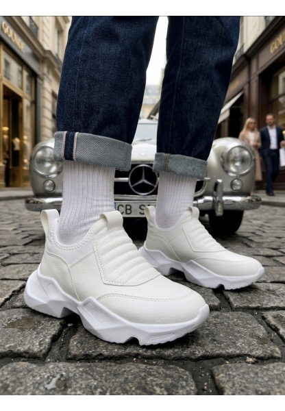 LVO0402 Bağcıksız Rahat Yüksek Taban Beyaz Erkek Spor Yarım Bilek Bot