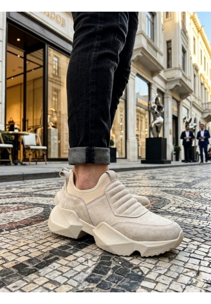 LVO0402 Bağcıksız Rahat Yüksek Taban Krem Süet Erkek Spor Ayakkabı