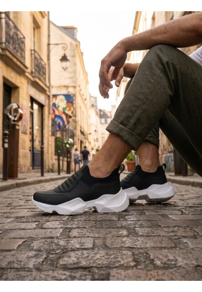 LVO0402 Bağcıksız Rahat Yüksek Taban Siyah Erkek Spor Yarım Bilek Bot