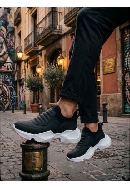 LVO0402 Bağcıksız Rahat Yüksek Taban Siyah Erkek Spor Yarım Bilek Bot