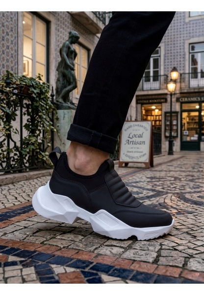 LVO0402 Bağcıksız Rahat Yüksek Taban Siyah Erkek Spor Yarım Bilek Bot