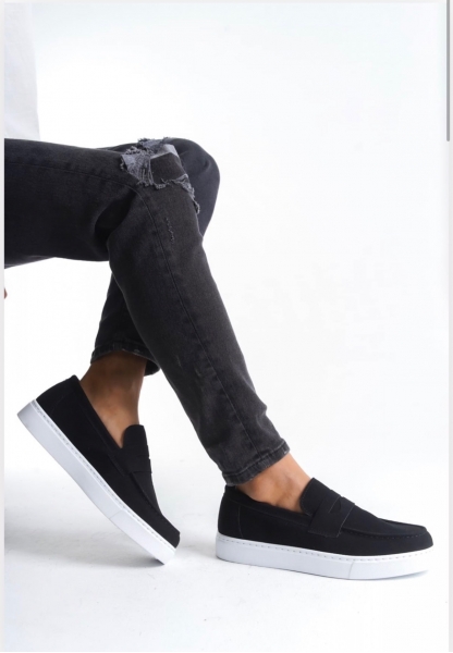 LVO0580 Bağcıksız Kuşaklı Yüksek Süet Siyah Beyaz Taban Erkek Ayakkabı