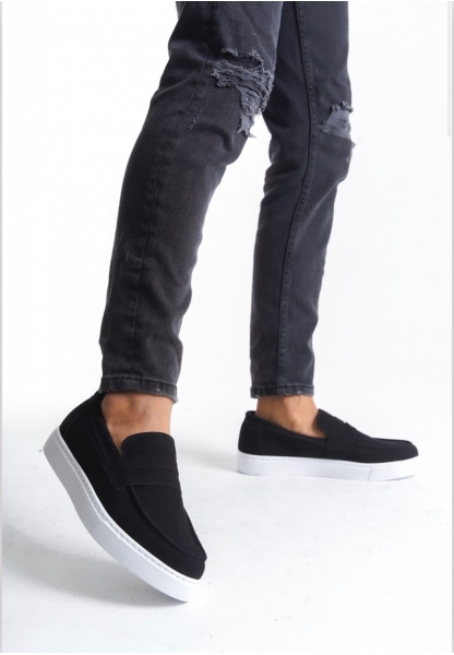 LVO0580 Bağcıksız Kuşaklı Yüksek Süet Siyah Beyaz Taban Erkek Ayakkabı