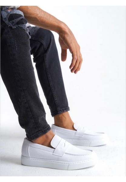 LVO0580 Bağcıksız Kuşaklı Yüksek Taban Beyaz Cilt Erkek Ayakkabı