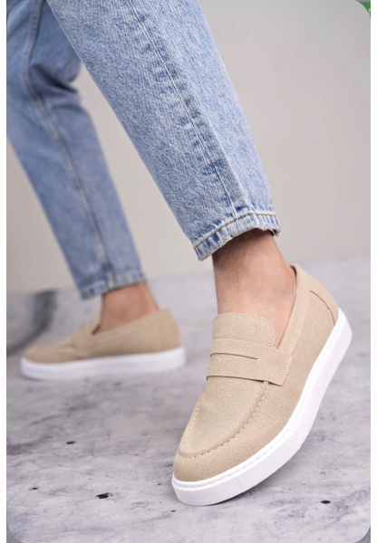 LVO0580 Bağcıksız Kuşaklı Yüksek Taban Krem Süet Erkek Ayakkabı