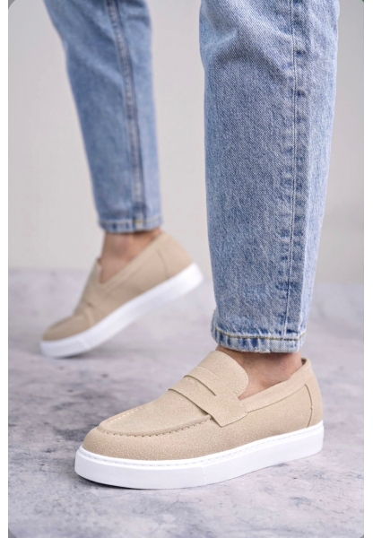 LVO0580 Bağcıksız Kuşaklı Yüksek Taban Krem Süet Erkek Ayakkabı