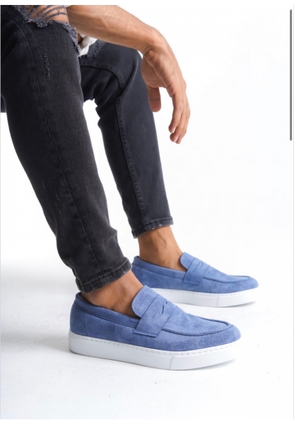 LVO0580 Bağcıksız Kuşaklı Yüksek Taban Mavi Süet Erkek Ayakkabı