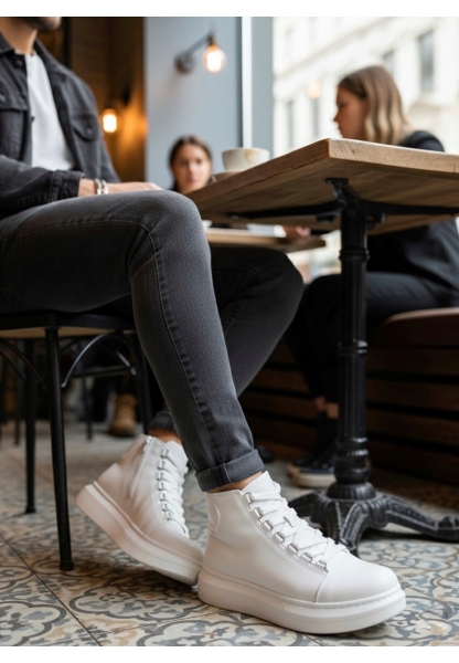 LVO0713 Bağcıklı Beyaz Yüksek Taban Erkek Tarz Spor Bot