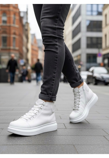 LVO0713 Bağcıklı Beyaz Yüksek Taban Erkek Tarz Spor Bot