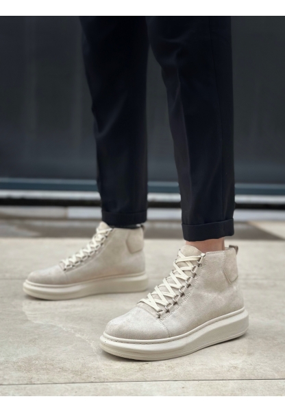 LVO0713 Bağcıklı Süet Bej Yüksek Taban Erkek Tarz Spor Bot
