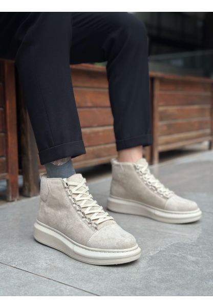 LVO0713 Bağcıklı Süet Bej Yüksek Taban Erkek Tarz Spor Bot