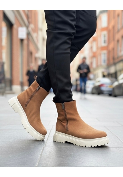 LVO0777 Süet Taba Krem Taban Çift Fermuarlı Erkek Yarım Bilek Bot