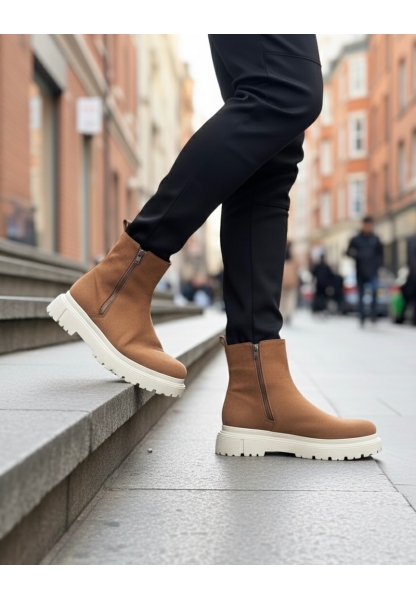 LVO0777 Süet Taba Krem Taban Çift Fermuarlı Erkek Yarım Bilek Bot