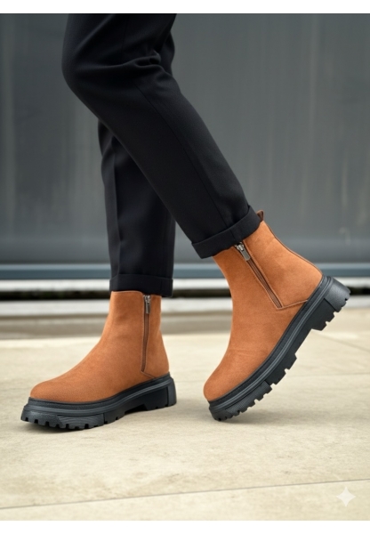 LVO0777 Süet Taba Siyah Taban Çift Fermuarlı Erkek Yarım Bilek Bot