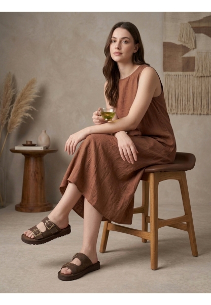 Yazlık Kadın Kahverengi İnce Taban Tokalı Terlik